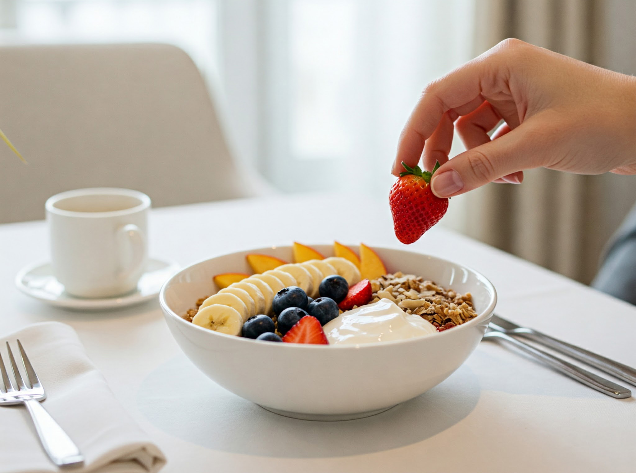 a hand holding a strawberry over a bowl of fruit
